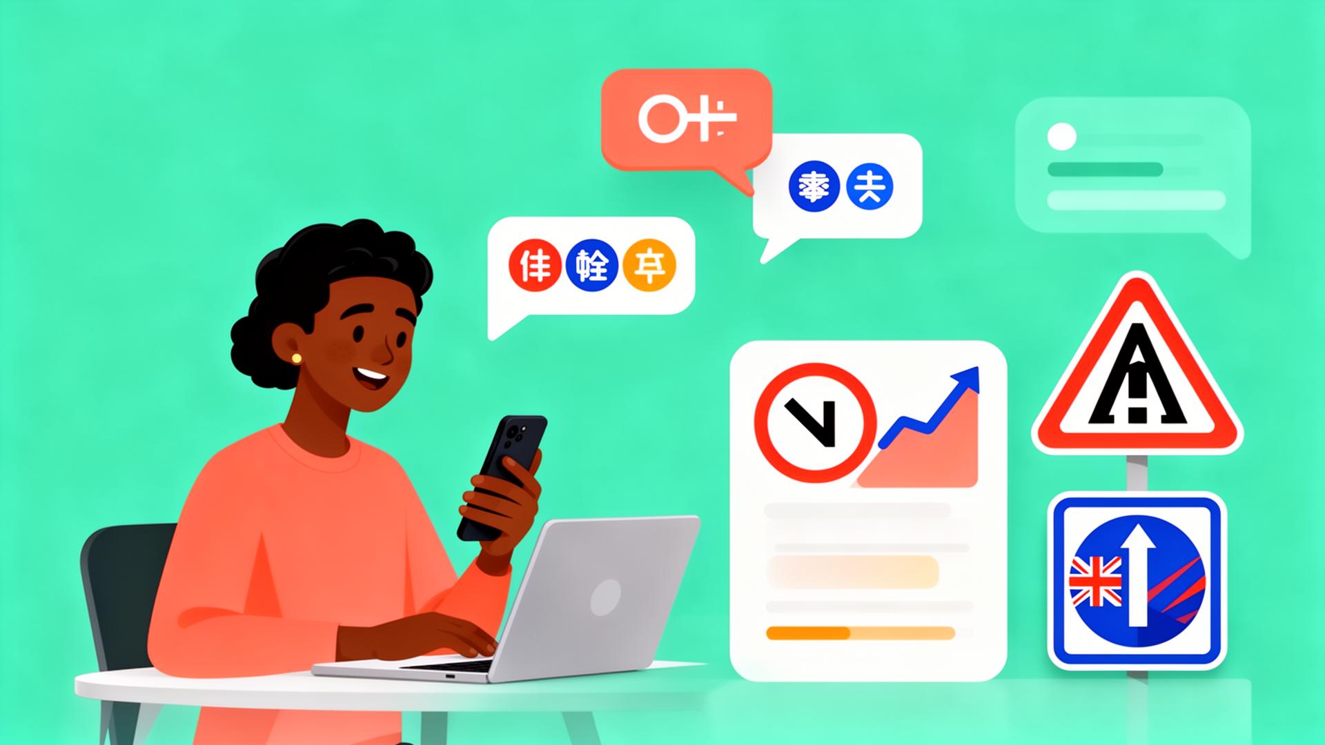 Learner studying UK road signs with translated theory practice on phone and laptop